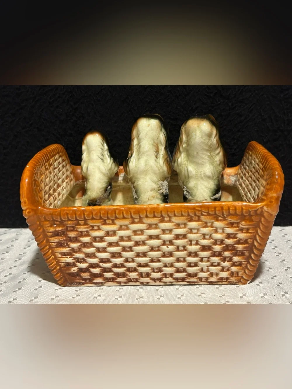 Vintage Napco Spaniel Dog Family Wicker Basket Planter